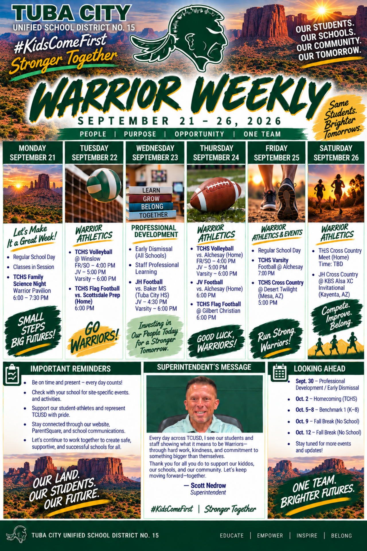 A digital newsletter titled 'Warrior Weekly' for Tuba City Unified School District for September 21-26, 2026.